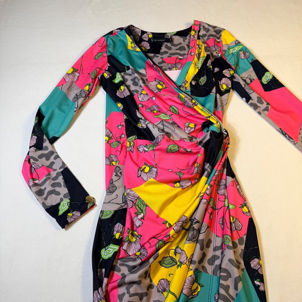 Thais Rodrigues Faux Wrap Dress P‎ Multicolor Floral Leopard Geometric Ruched - Picture 13 of 16